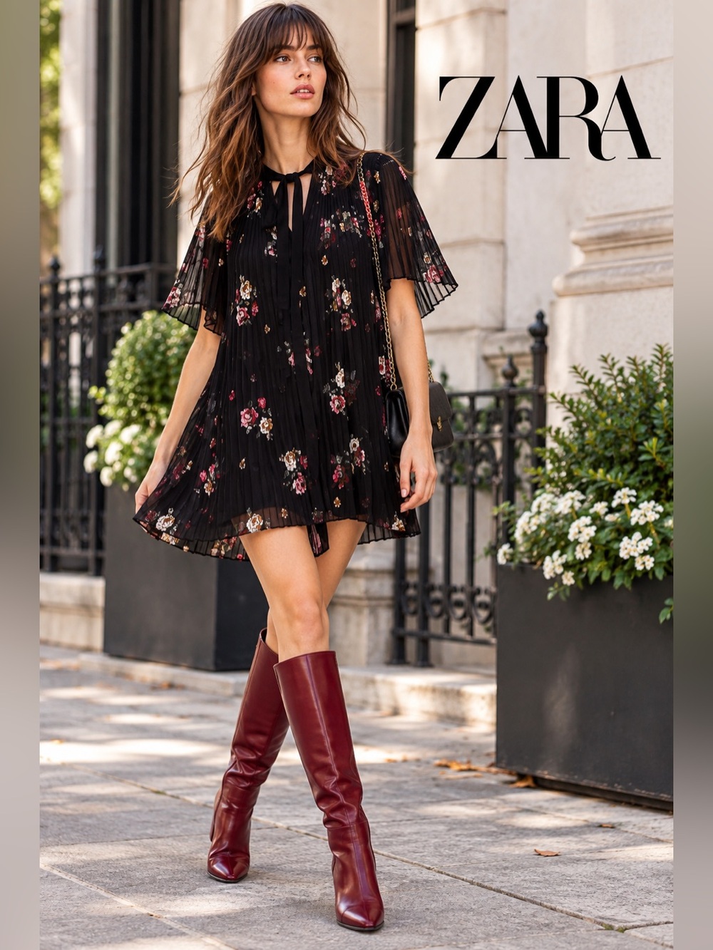 Zara floral printed pleated chiffon romper dress